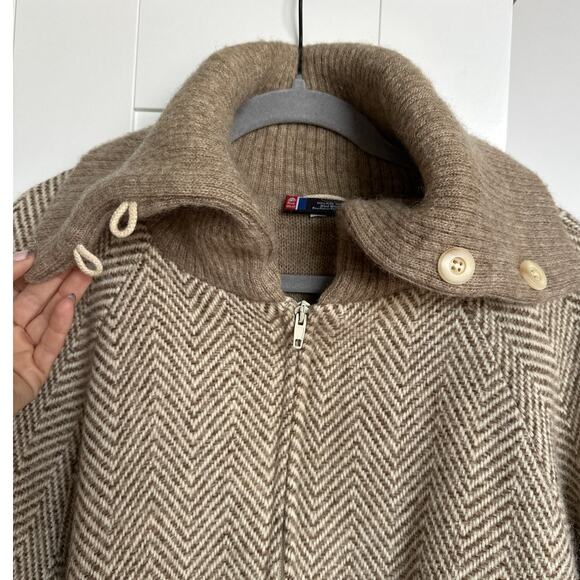 Landau Icelandic Wool Knit Sweater Tan/Beige Herringbone Print Coat, Size L, EUC - Picture 6 of 8